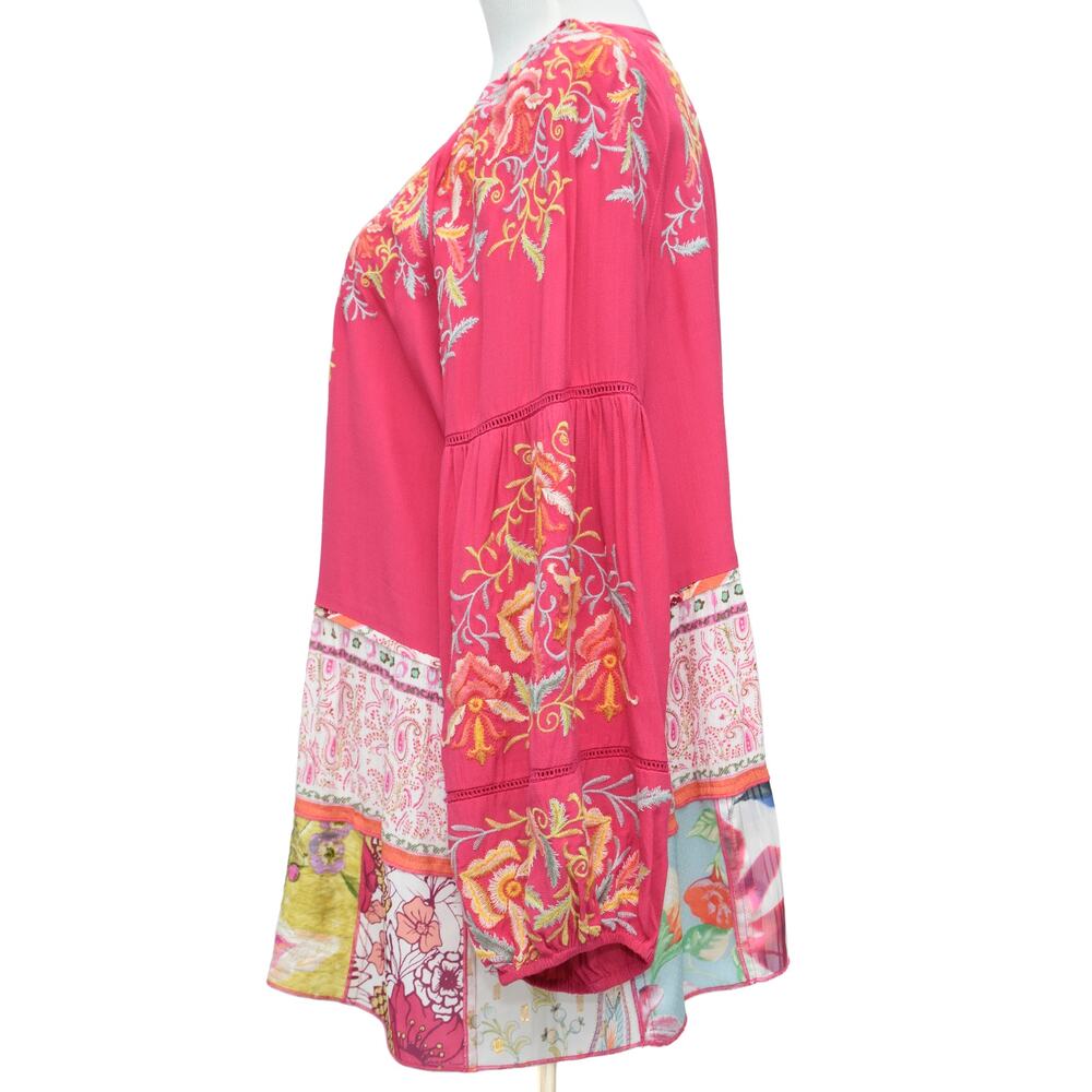 John Mark Fuchsia Embroidered Button-Front Patchwork Tunic - Picture 2 of 13